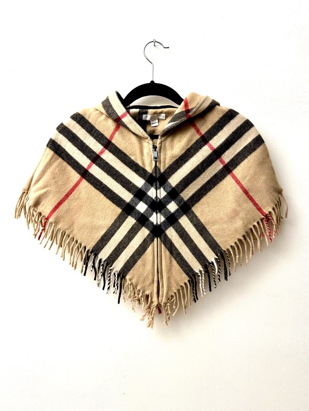 BURBERRY KIDS Beige Plaid Hooded Fringe Poncho